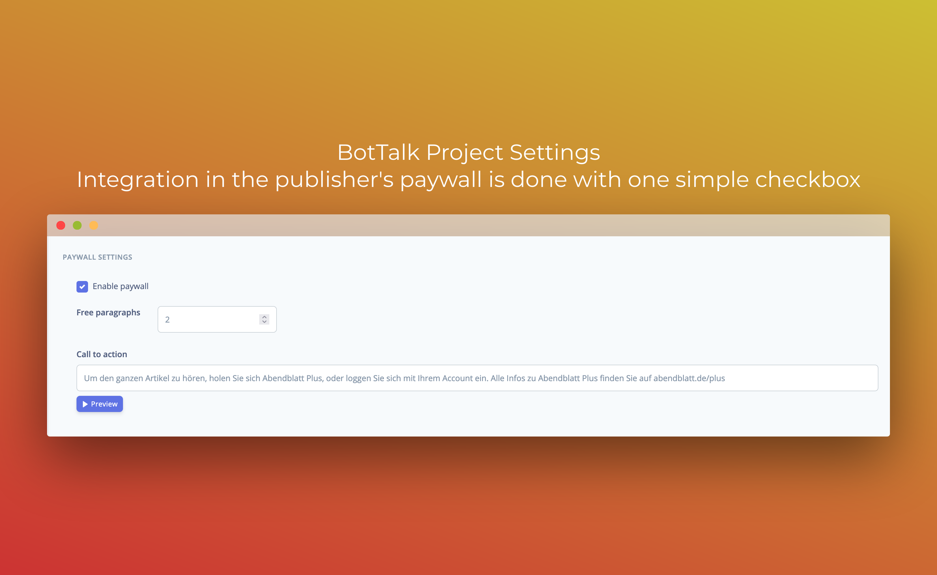 BotTalk Settings Paywall Checkbox