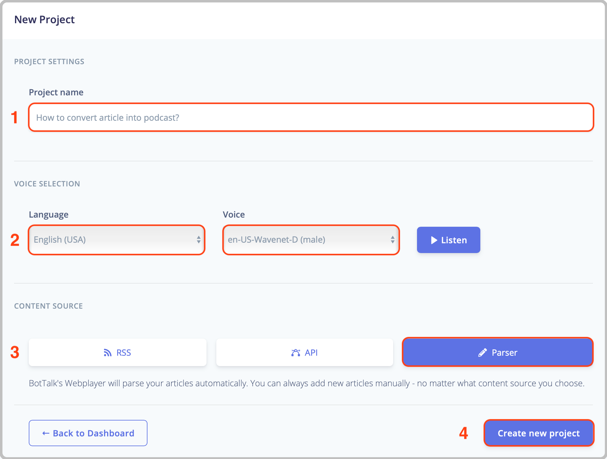 In the project settings, you can choose between different languages and voices for your audio article.