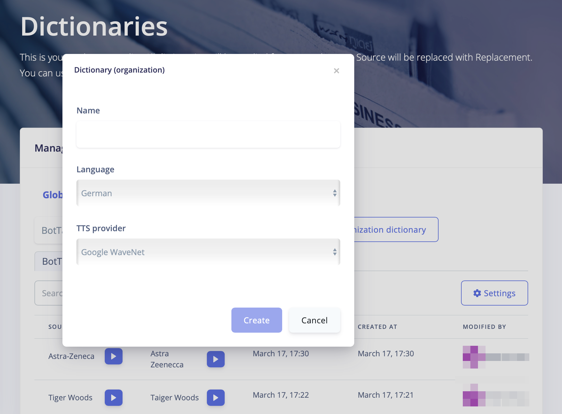 Your Organisational Dictionary must have the same language and TTS provider selected as your projects have, which you will add to the organization.