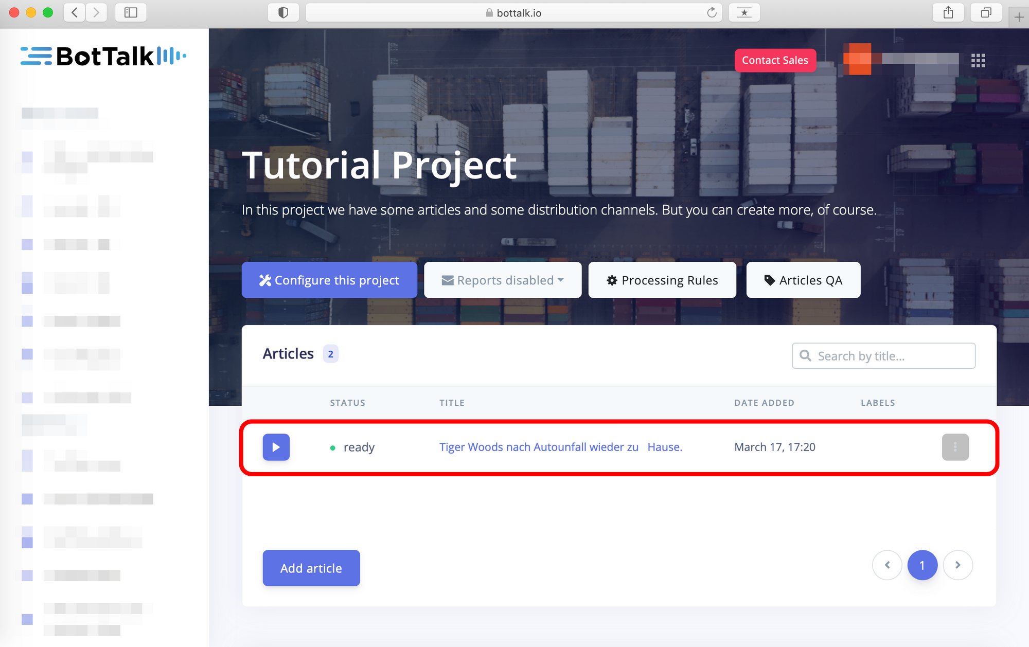 Project inside BotTalk text-to-speech platform, Here you can see our tutorial project inside the BotTalk platform