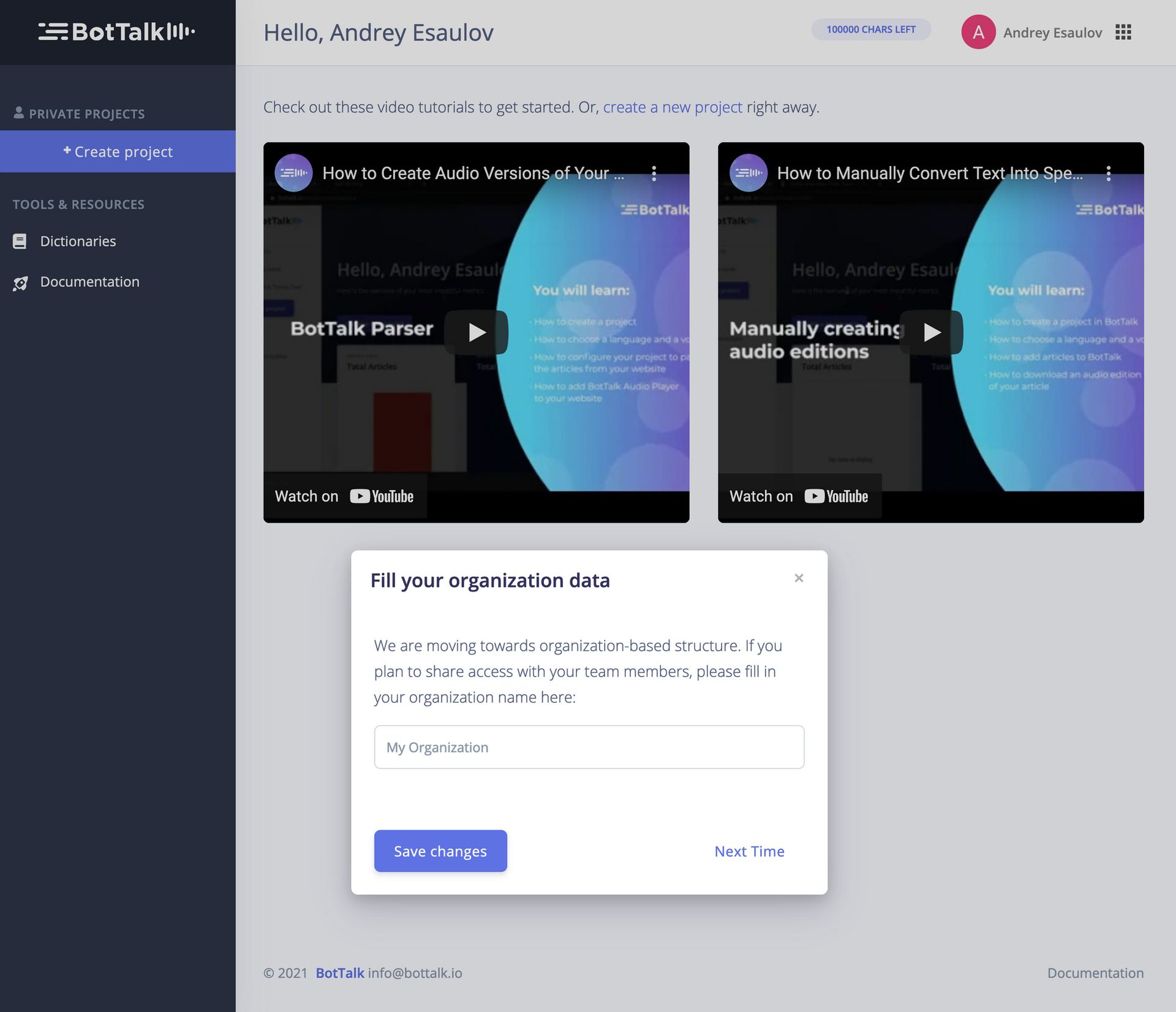 BotTalk dashboard after an account has been created successfully