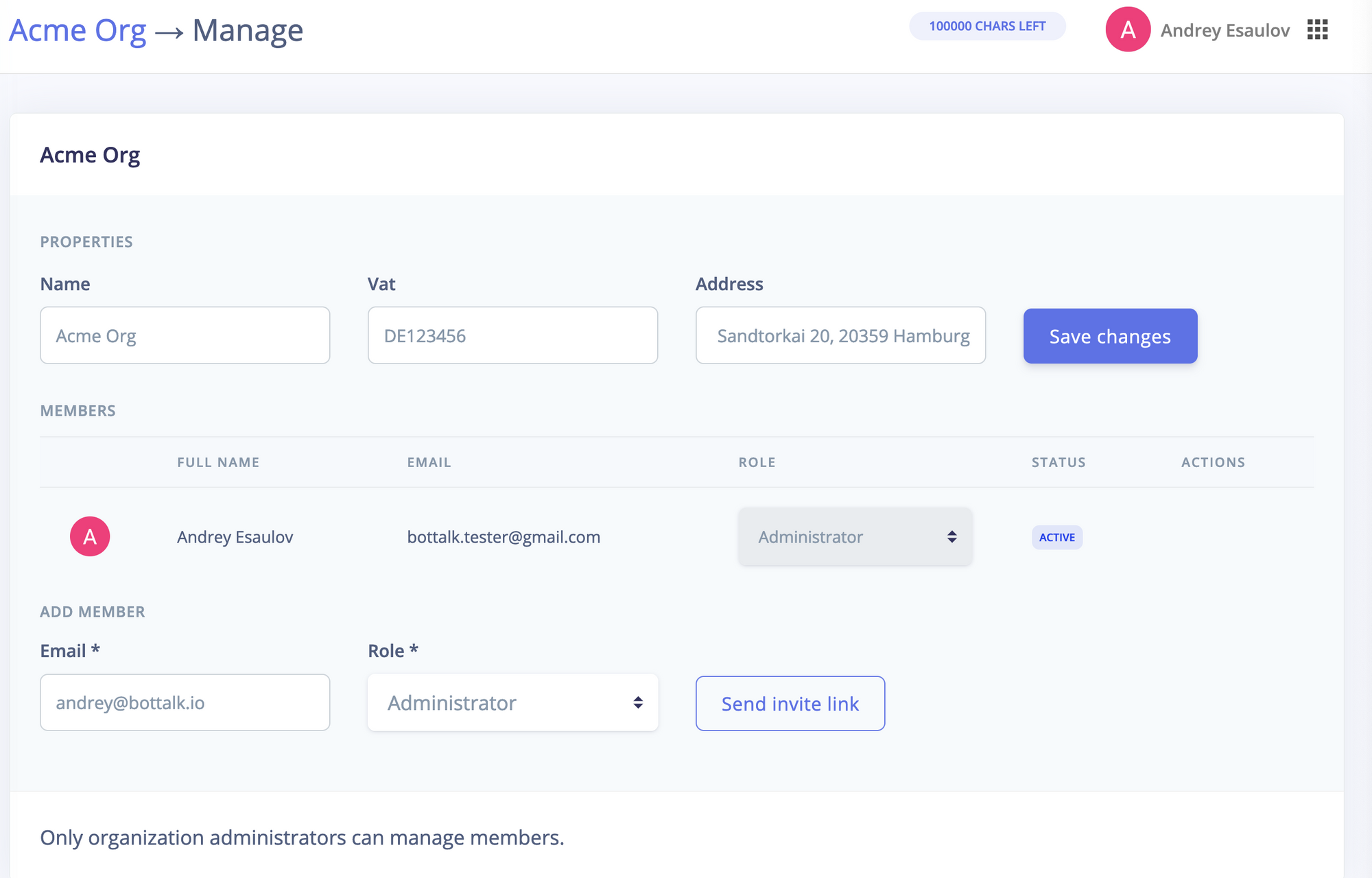 Inviting users to your organization in BotTalk