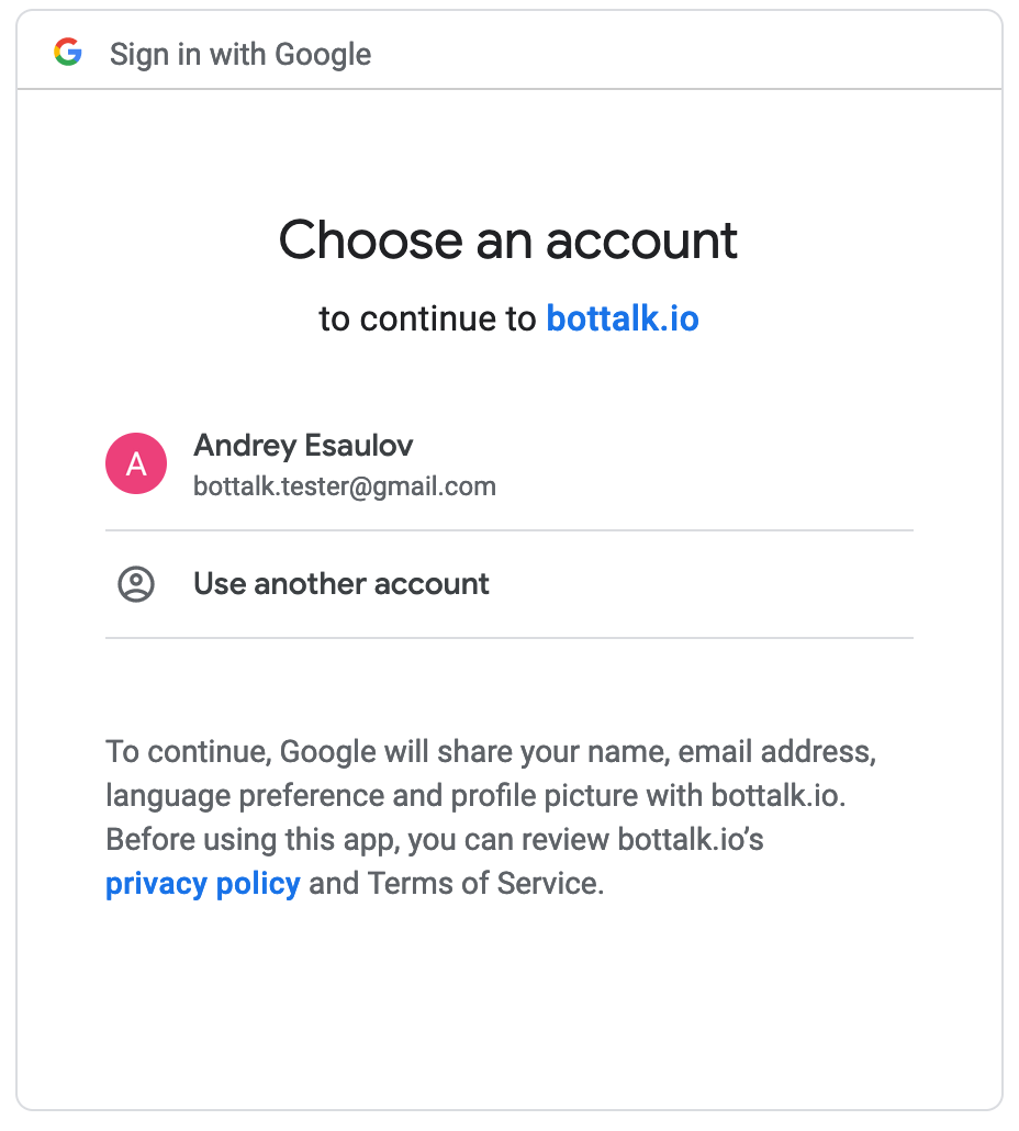 Create a BotTalk Account using Sign in with Google