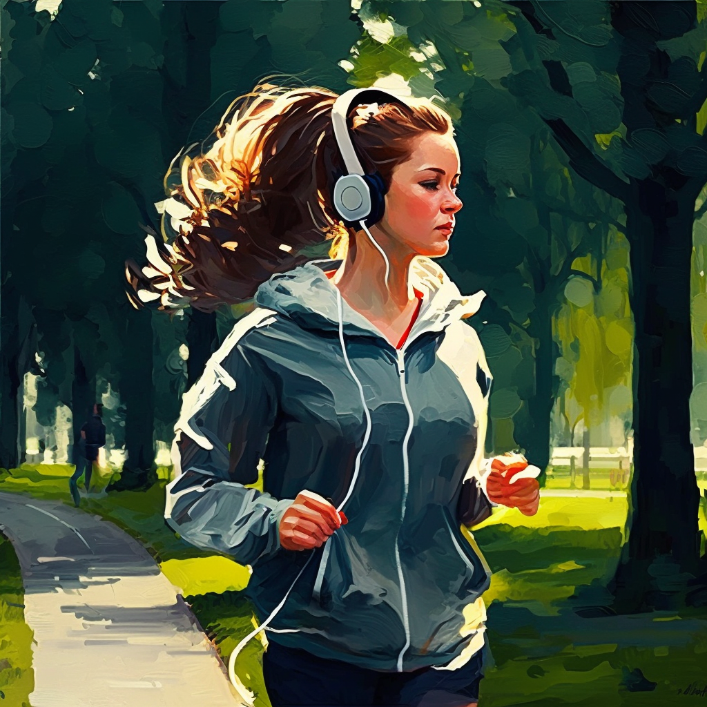 A typical news reader of tomorrow jogging in the park, listening to the news.